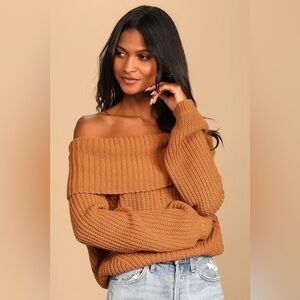 Lulus Carmichael Light Brown Off-the-Shoulder Knit Sweater Size Small